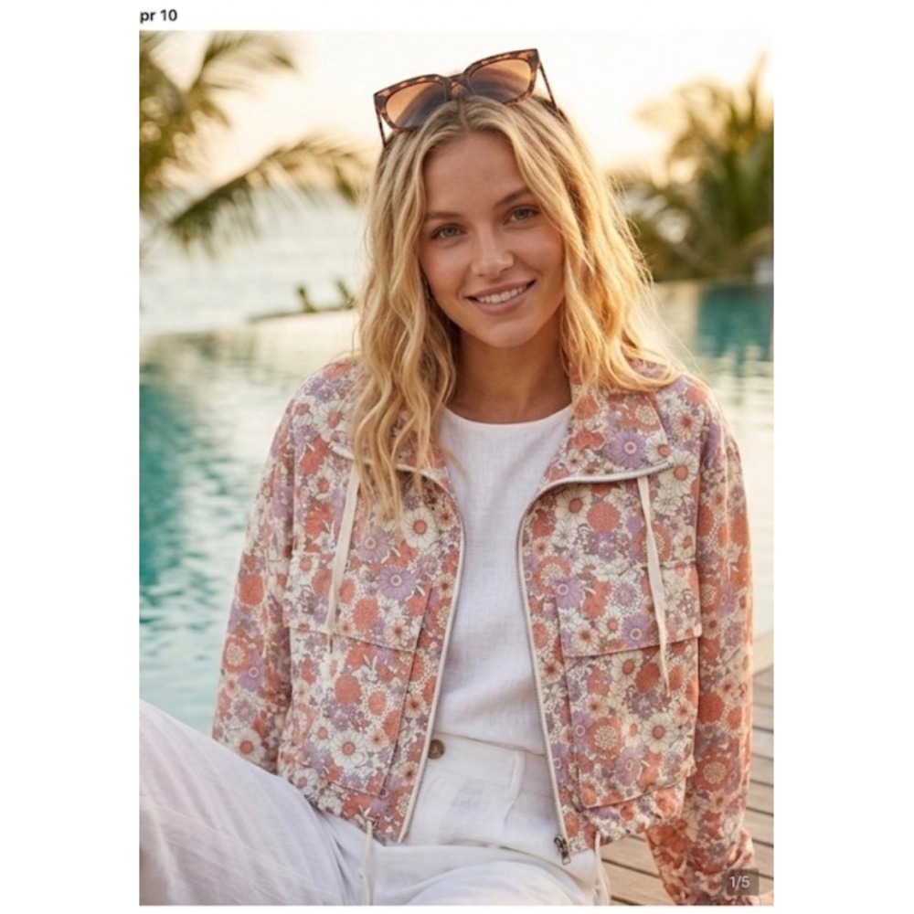 SO Womens Floral Cropped Zip Up Jacket Retro Boho Windbreaker Orange Purple